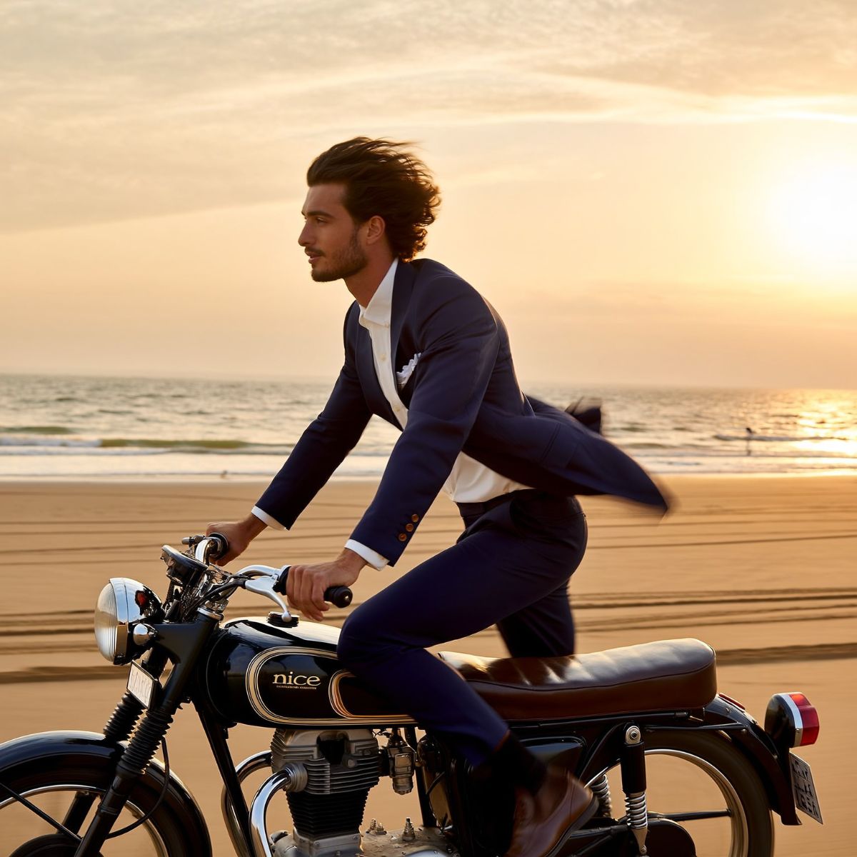 Home amb vestit navy de Nice conduint una moto clàssica a la platja