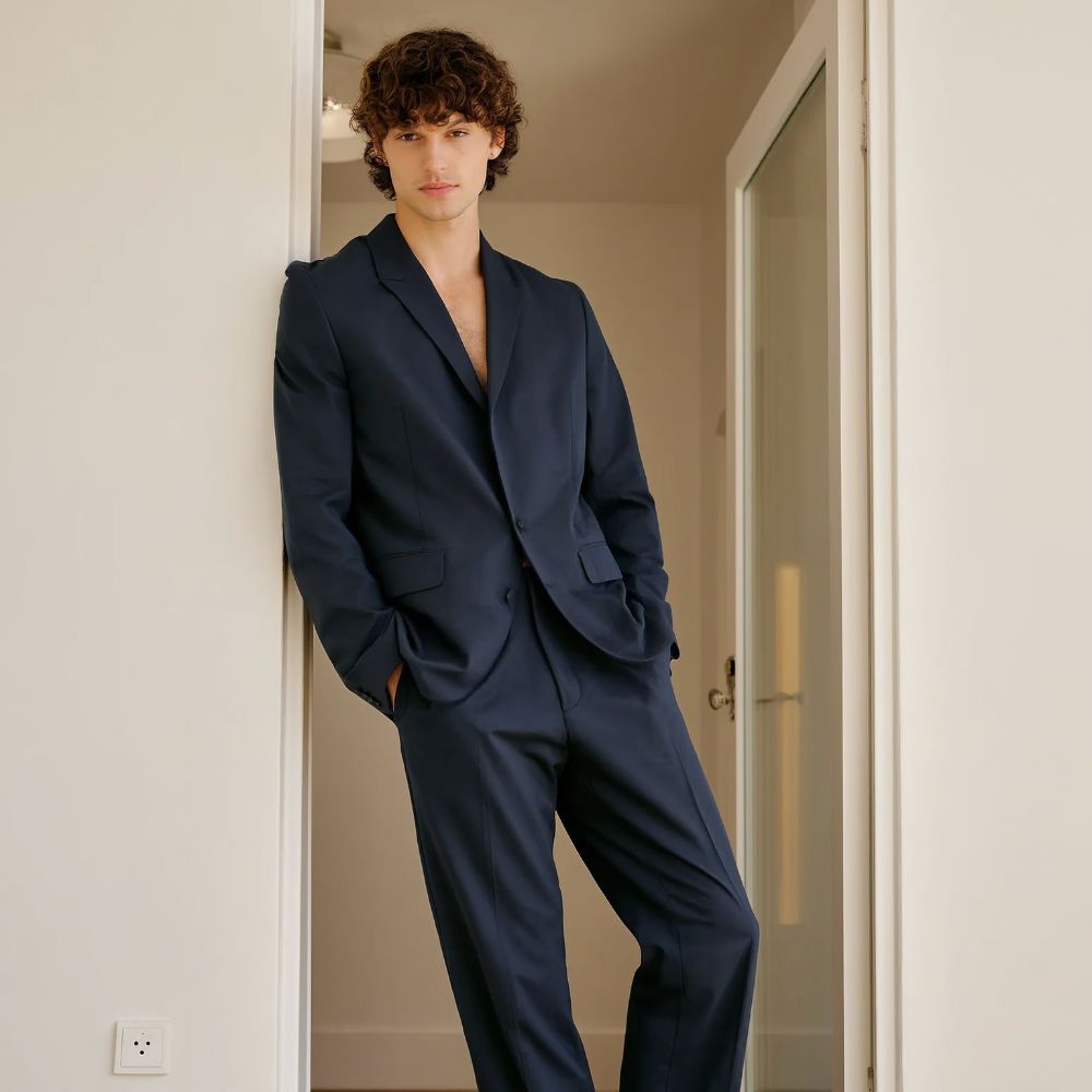 Model amb vestit Nice recolzat en una porta